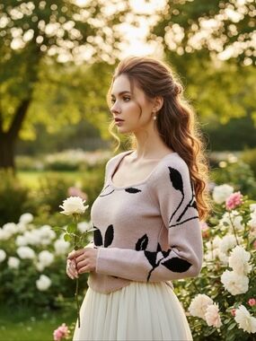 SHEIN Pink Boho Black Leaf Square Neckline Knit Pullover Size Medium